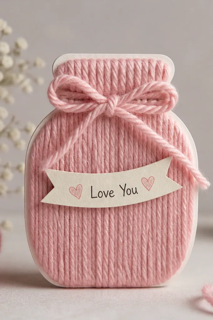 A small jar shape cut from cardstock, wrapped with thick yarn around it in neat vertical lines, with a small paper banner that reads “Love You” and a bow on top.