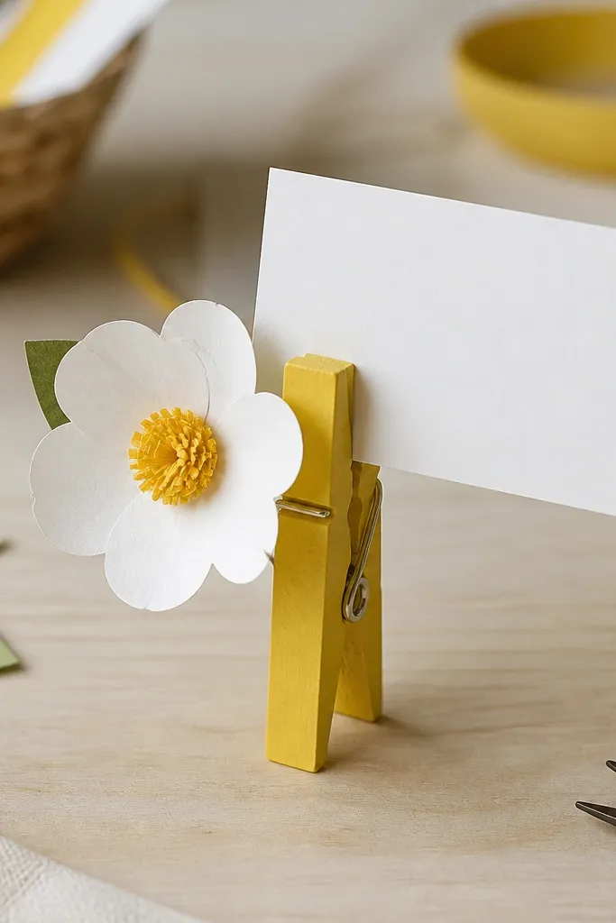 A clothespin painted yellow with a paper flower attached, plus a small name tag card clipped on, sitting on a desk with craft supplies in the background.