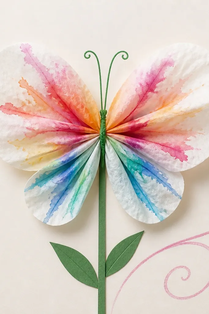 A butterfly-like flower made from a coffee filter with watercolor drips radiating from the center, finished with a green paper stem and a small swirl of marker on the background.