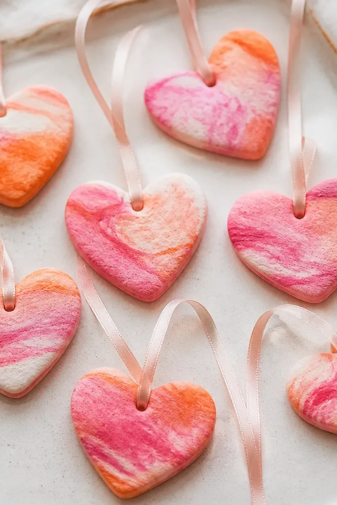 A set of small heart-shaped salt dough pieces on a tray, painted with bright pink and orange swirls, with a thin ribbon loop at the top of each heart.