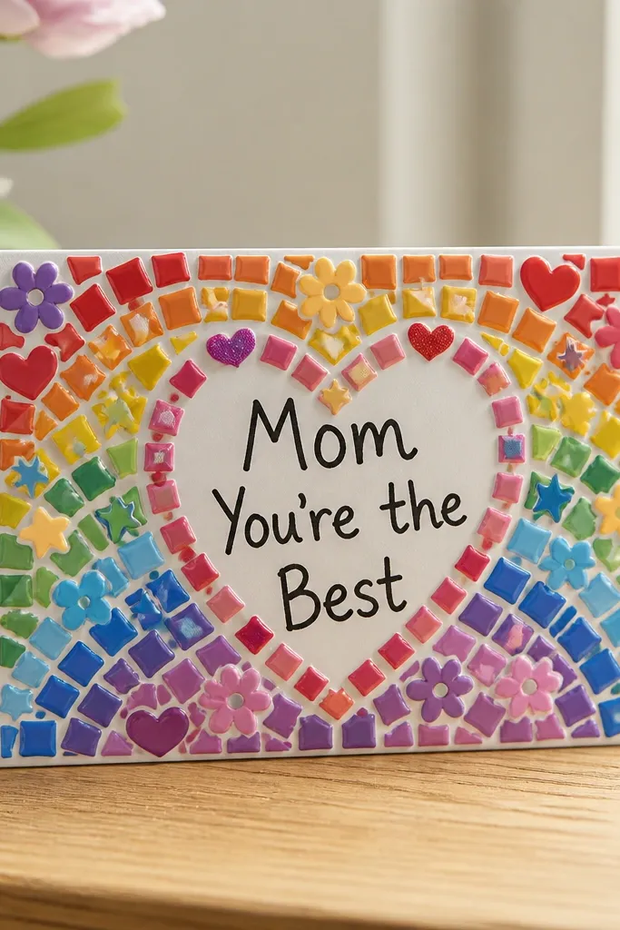 A small rectangular cardstock plaque covered in colorful sticker tiles forming a heart and rainbow pattern, with the words “Mom You’re the Best” in black marker.