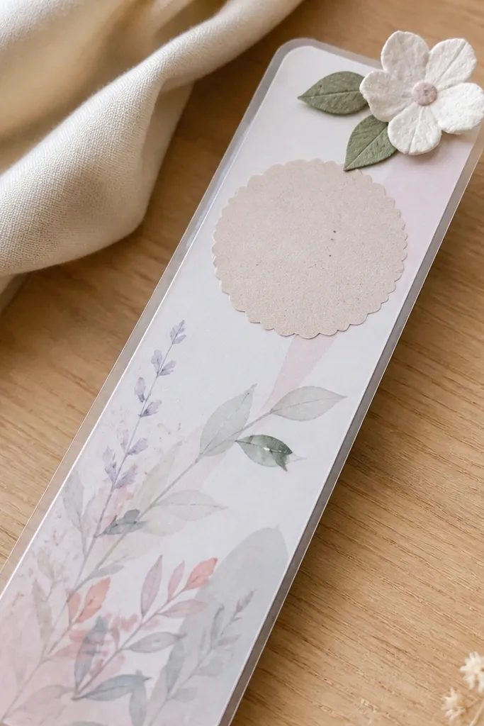 A laminated bookmark with a pastel design, a stamped message area, and a small seed paper flower glued to the top corner, with rounded edges.