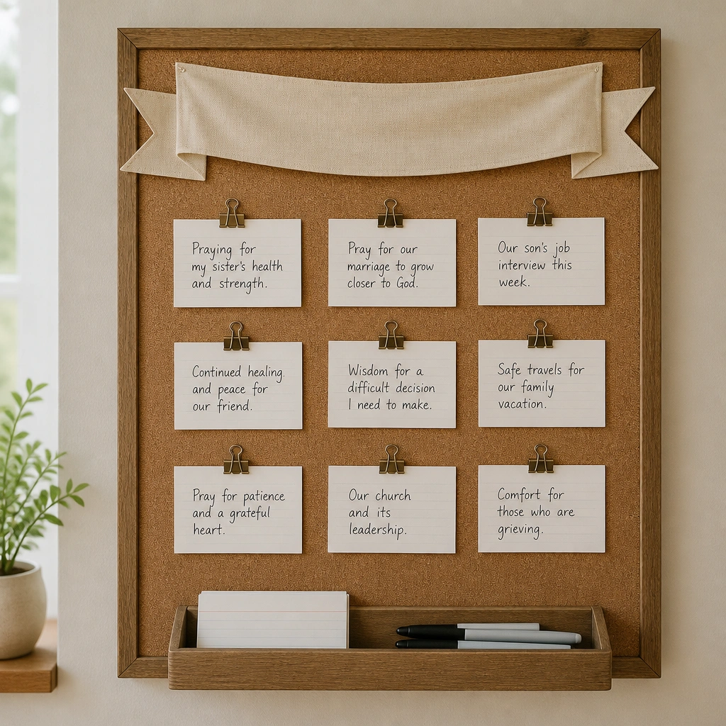 A corkboard mounted on a wall with a cream fabric ribbon banner at the top. Small metal binder clips hold handwritten prayer requests on index cards. Below, a tiny tray holds markers and extra cards.