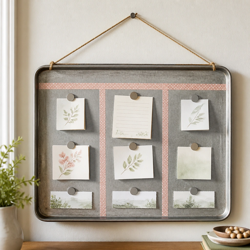 A rectangular metal baking sheet hung with twine. Small magnets hold folded prayer prompts and scripture slips. A strip of washi tape forms three columns labeled “Pray,” “Thanks,” and “Needs.”
