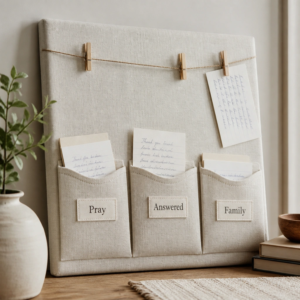 A board covered in soft neutral fabric, with three sewn pockets. Each pocket has a small fabric label: “Pray,” “Answered,” and “Family.” Handwritten cards slide in and out, and a string line holds a few clothespins.