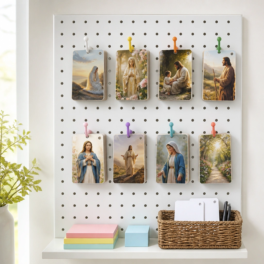 A white pegboard mounted on a wall with colorful small hooks. Hanging from hooks are laminated prayer cards with hole punched corners. A bottom shelf holds sticky notes and a small basket of blank cards.