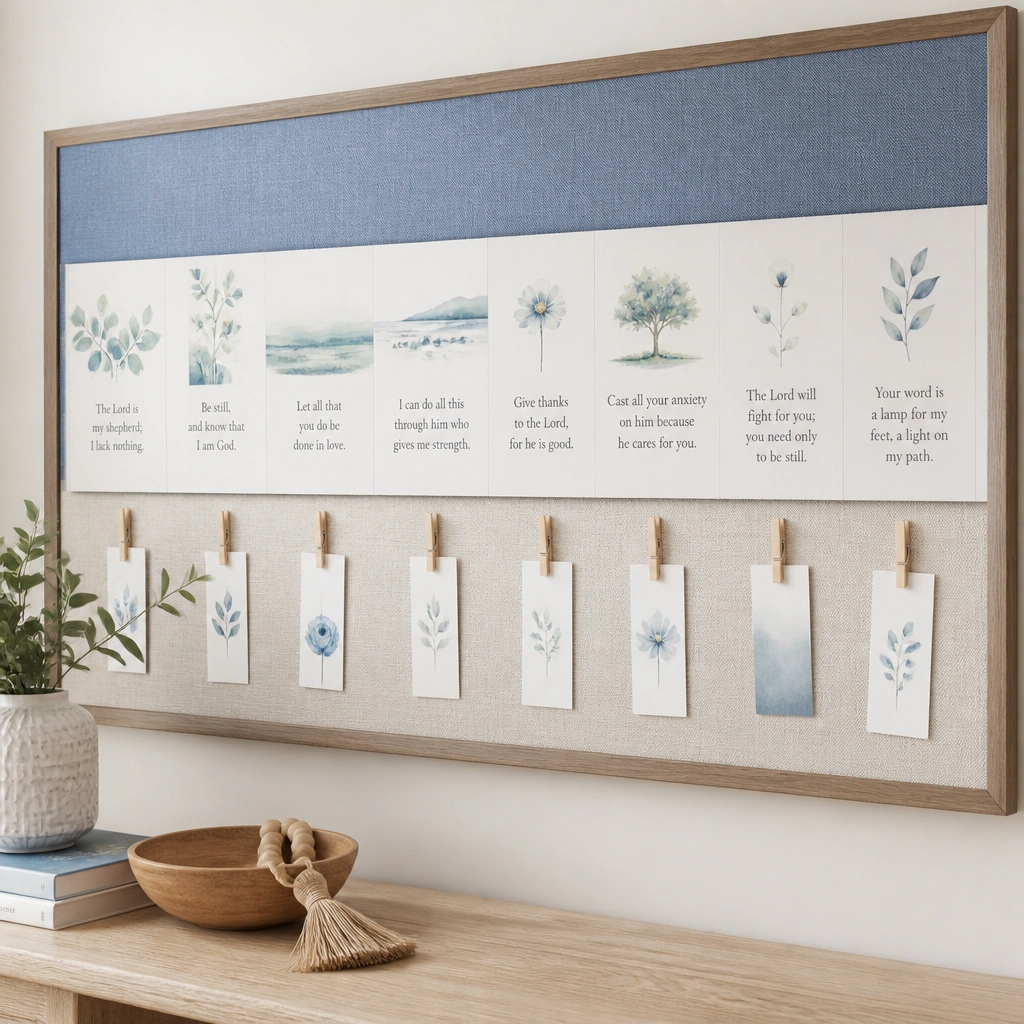 A board with a long strip of laminated scripture verses across the center. Under it, small clothespins clip short prayer responses written on strips of paper. The board has a calm blue and cream palette.