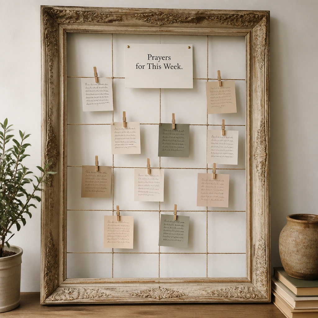 A large thrifted picture frame with a twine grid inside. Small clothespins clip mini prayer notes along the lines. A simple title card at the top reads “Prayers for This Week.”