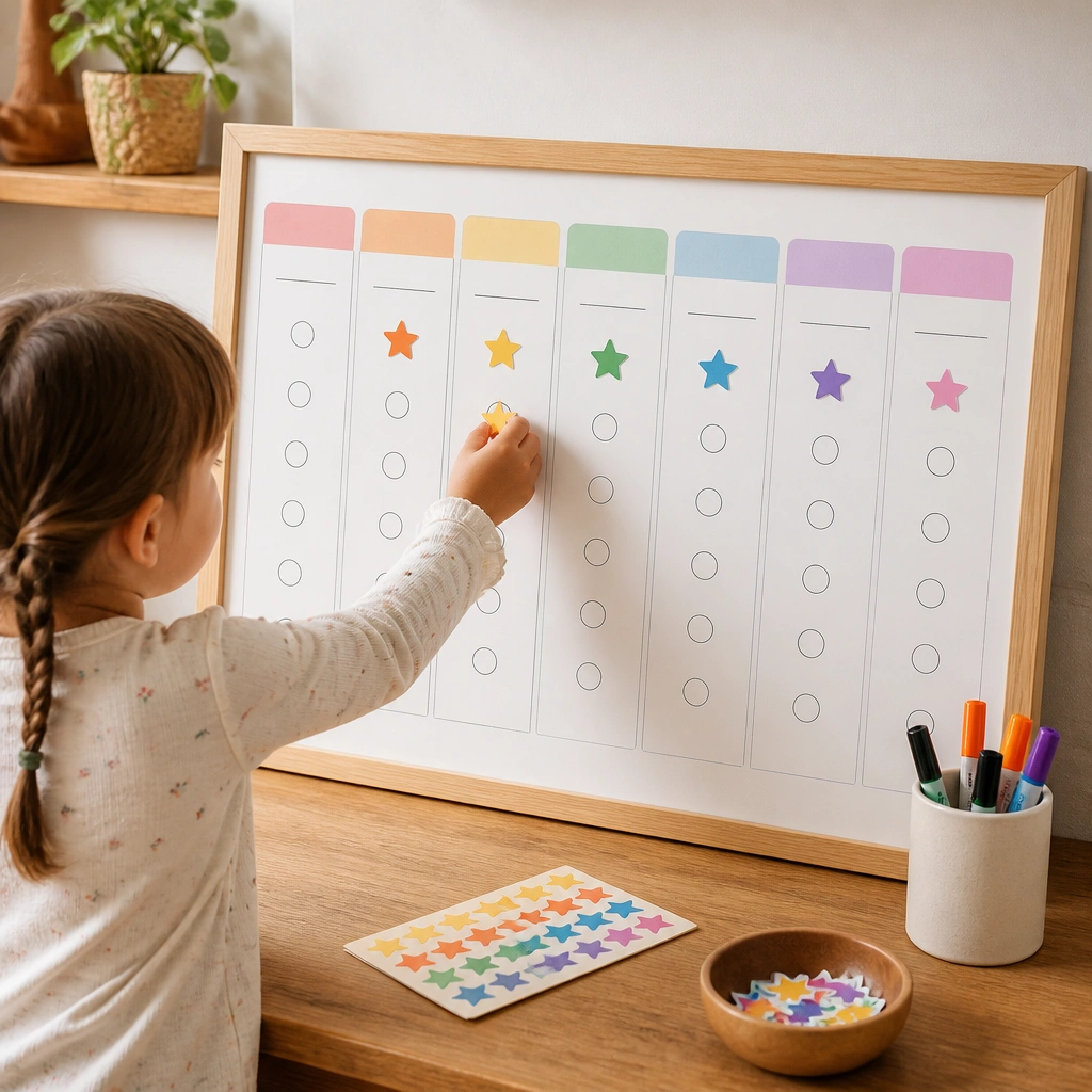 A board with a printed weekly layout divided into days. Each section has a small circle outline labeled “Pray” and “Thanks.” Kids place alphabet stickers or star stickers to mark each day, with a dry-erase marker for names.