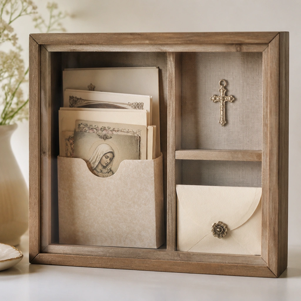A clear-front shadow box divided into sections. One side holds folded prayer cards tucked into paper sleeves. Another section displays a tiny cross charm, and a small envelope labeled “Answered Prayers” sits at the bottom.