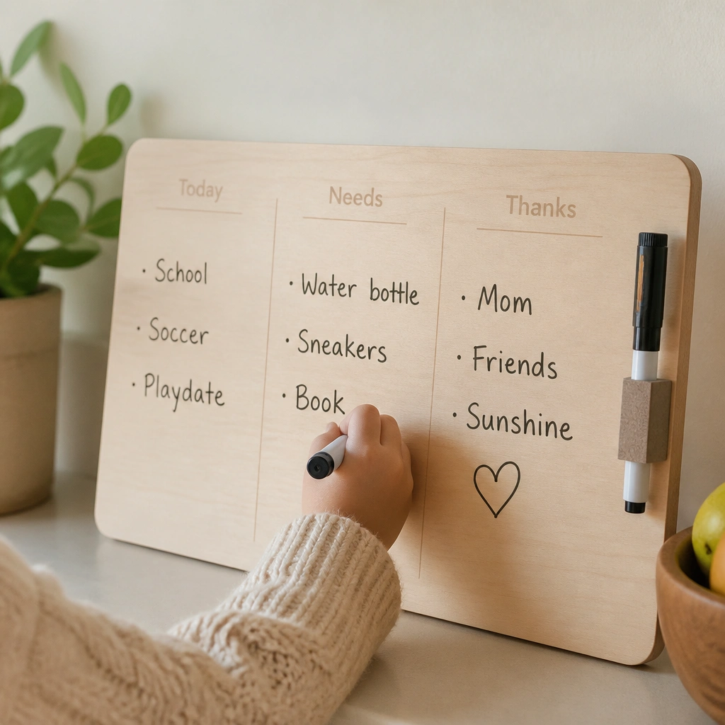 A small rectangular wooden board with a smooth surface. It has faint printed headings: “Today,” “Needs,” and “Thanks.” Kids write directly with dry-erase markers, and a magnetic marker holder sits on the side.