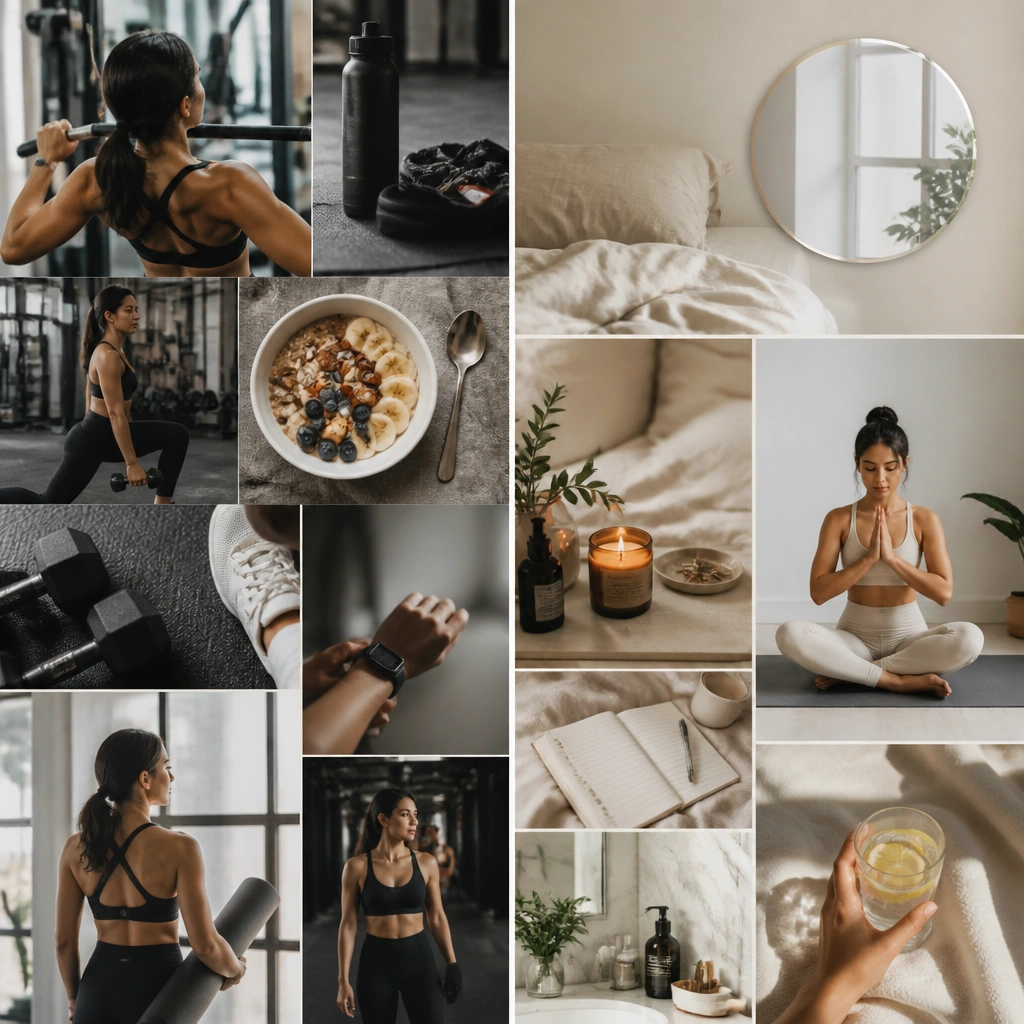 A vertical board split down the middle: left side shows a workout photo collage, right side shows a calmer at-home routine with a small mirror sticker near the top.