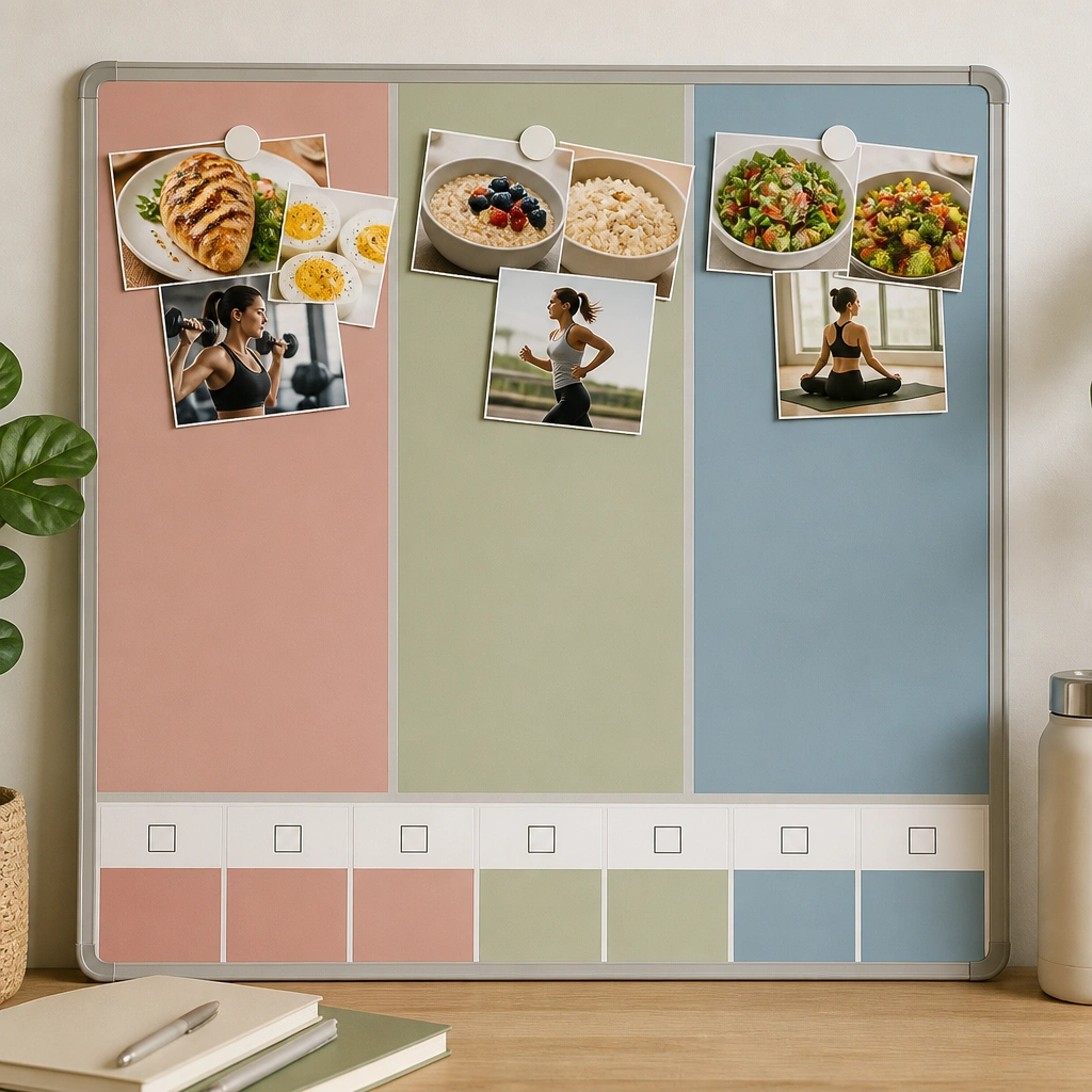 A board with three colored columns labeled protein, carbs, and veggies, each topped with small food and fitness photo cutouts, plus a weekly checklist strip at the bottom.