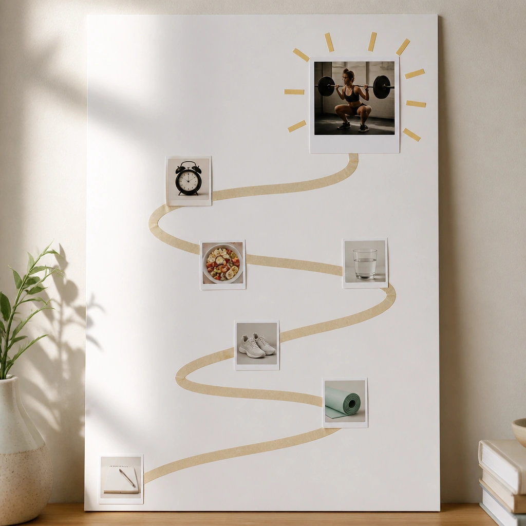A white poster board where thin washi tape forms a winding path from the bottom corner to a highlighted photo labeled “Next PR,” with small icons along the tape route.