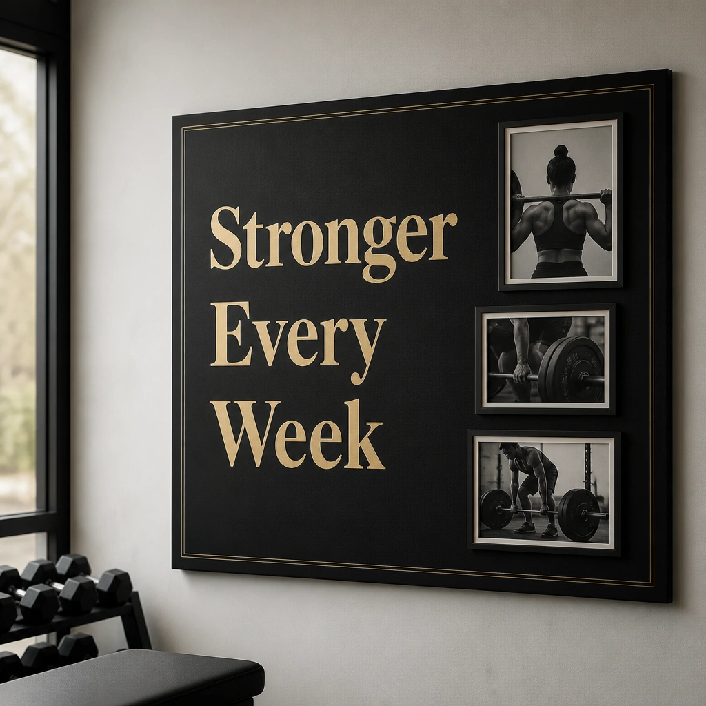 A matte black board with gold vinyl lettering reading “Stronger Every Week,” a few grayscale lifting photos in simple frames, and a subtle gold line border.
