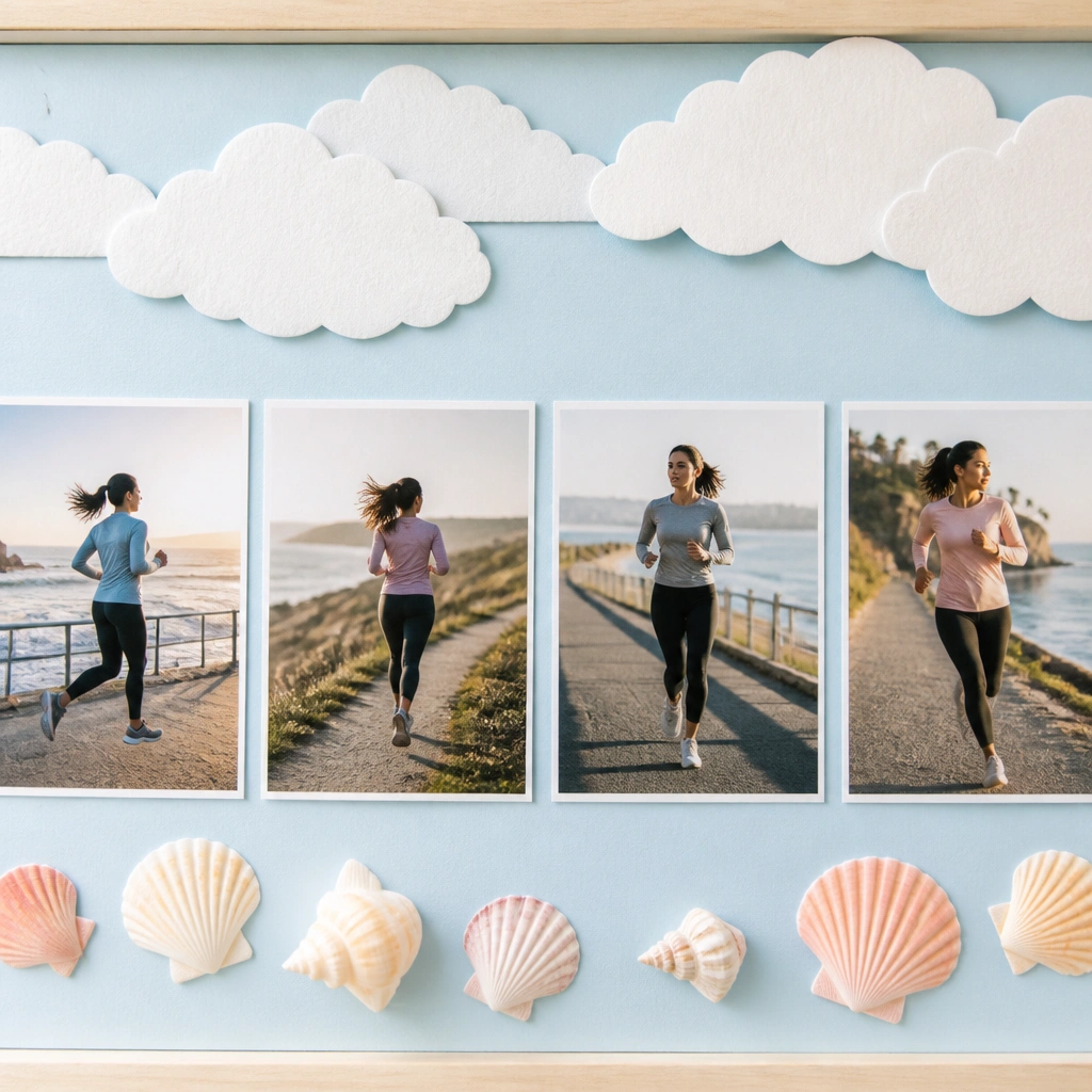 A light blue board with cloud-like paper textures, a row of running photos, and small seashell-shaped cutouts near the bottom.