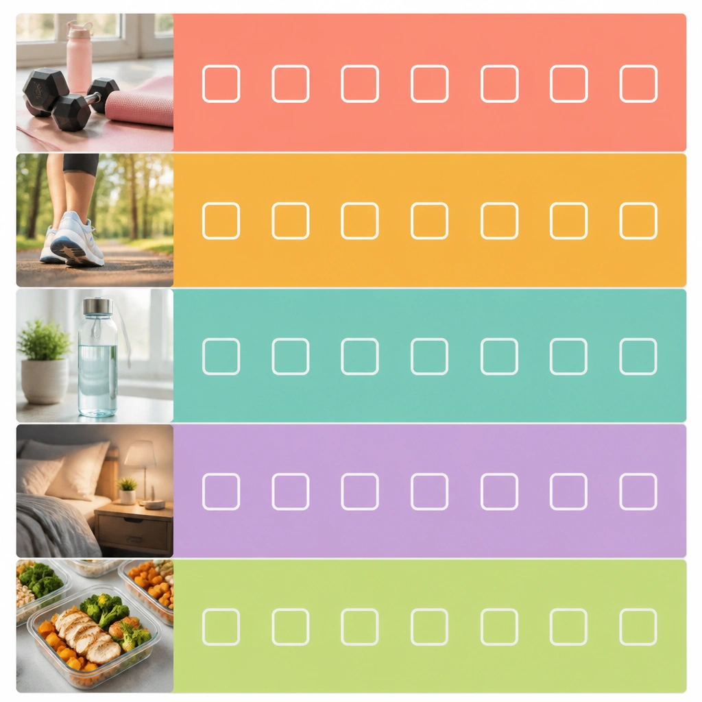 A grid of bright color tiles labeled Workout, Steps, Water, Sleep, and Meal Prep, each with a small photo corner and a blank checkbox row.