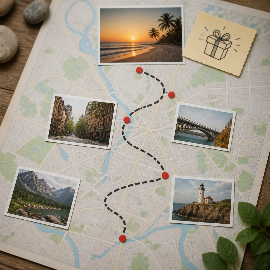A map-like board with a printed route line, landmarks photo cutouts, and a “destination” photo at the top with a small reward note bubble.