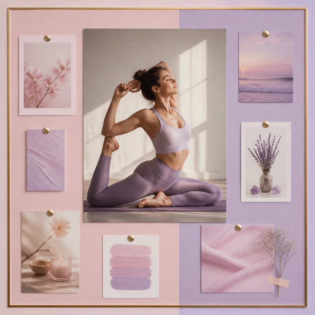 A pastel pink and lavender board with a large yoga pose photo in the center, small pastel cards around it, and a thin gold frame effect.