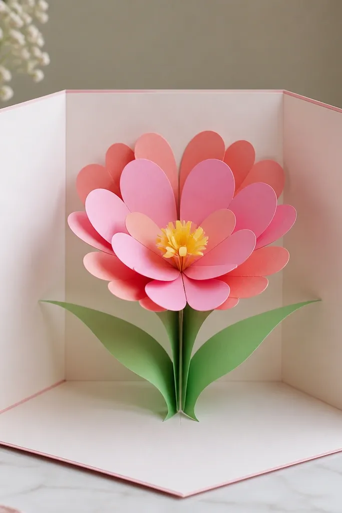 A tri-fold card opened to reveal a standing 3D flower made of layered paper hearts; the petals are pink and coral with a green base, and a small yellow center pops forward.