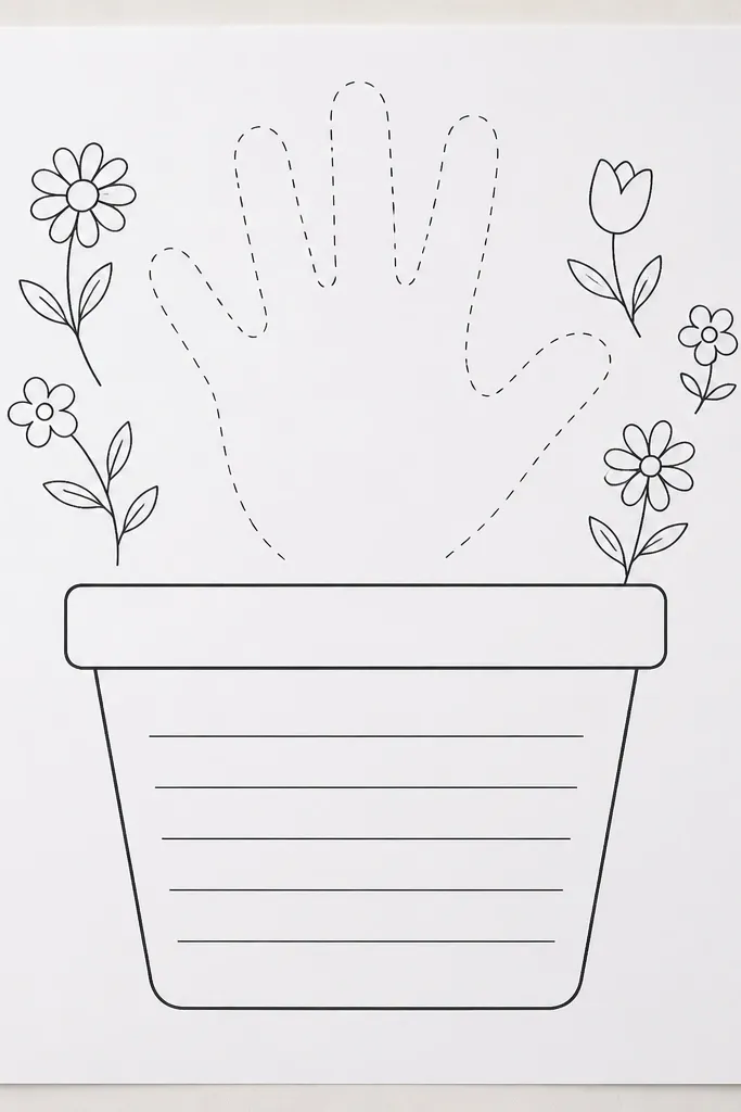 A printable sheet featuring a flower pot outline with lines for a short poem; above the pot is a blank space labeled for a child’s handprint, with small flower icons around it.