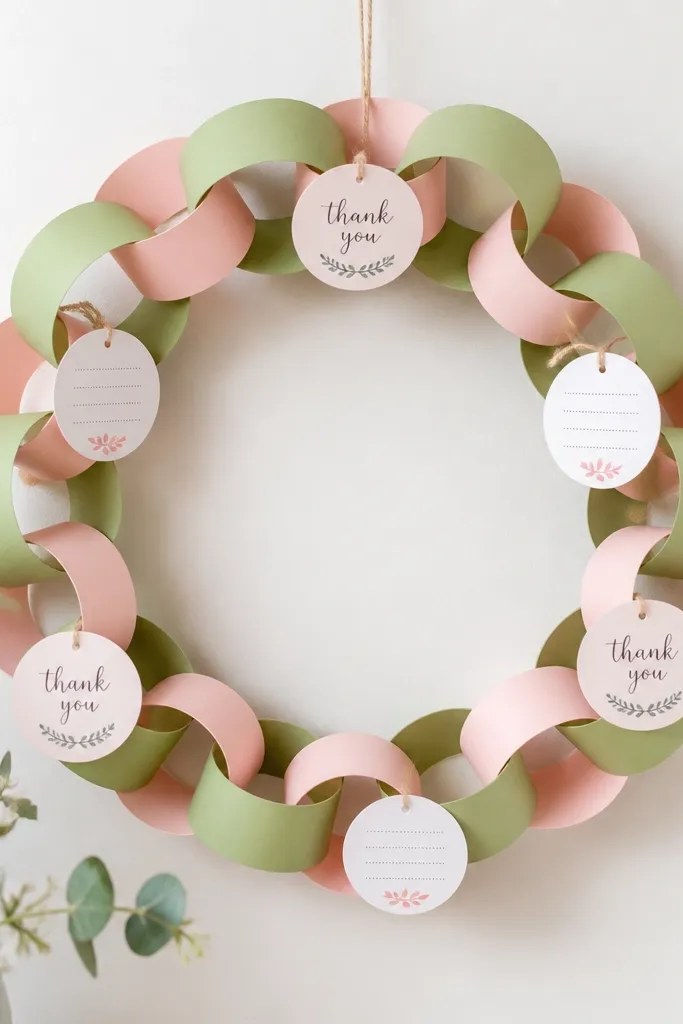 A circular wreath made from overlapping paper rings in pastel green and pink; several small tag circles are printed with “thank you” style text and blank message lines.