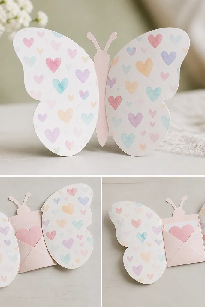 A butterfly-shaped printable with two large wings decorated with pastel hearts; the wings fold open to reveal a hidden message pocket in the center body.
