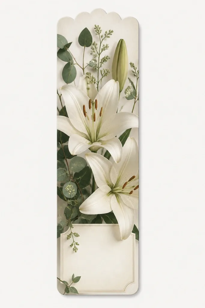 A long vertical bookmark printable with lily flowers and small leaves; the bottom includes a blank quote strip and the top has a scalloped edge.