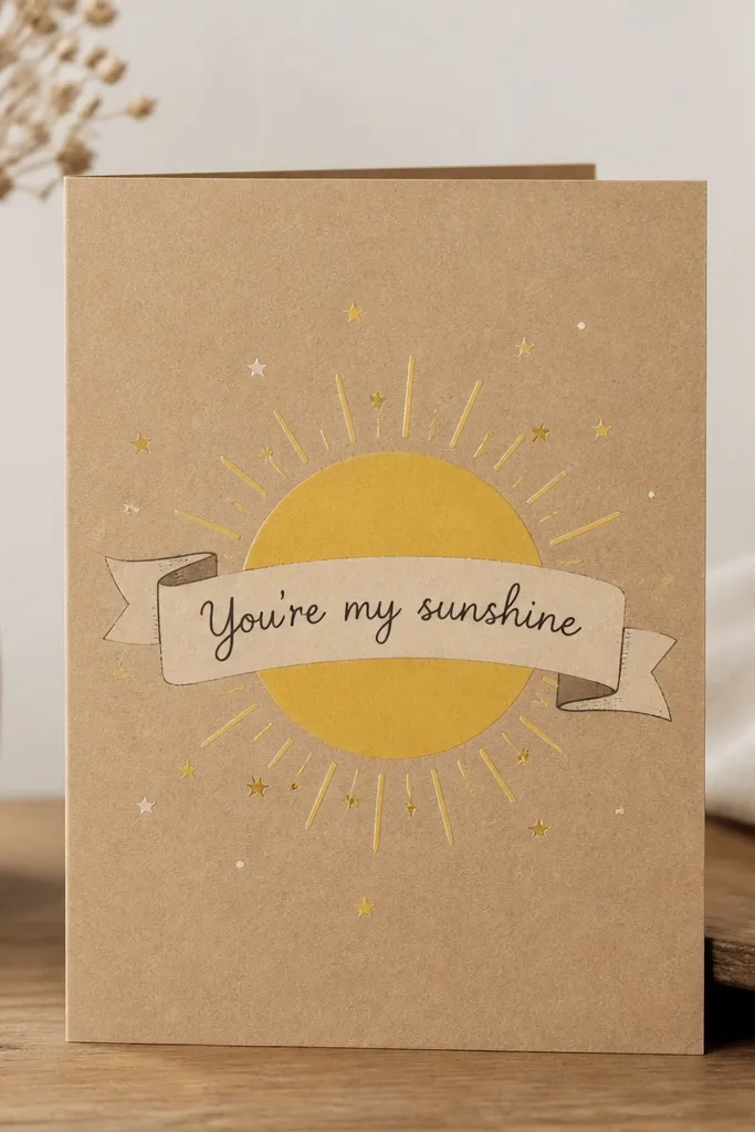 A card design printed on kraft-colored paper stock look; a bright yellow sun sits behind a banner reading “You’re my sunshine,” with small rays and tiny star dots.