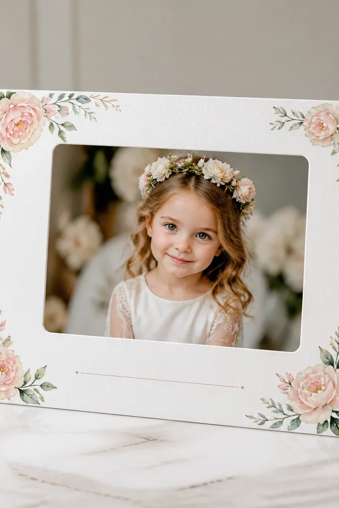 A printable card with a photo window in the center; the frame has floral corners and a blank caption line underneath, with a fold-out stand tab at the back.