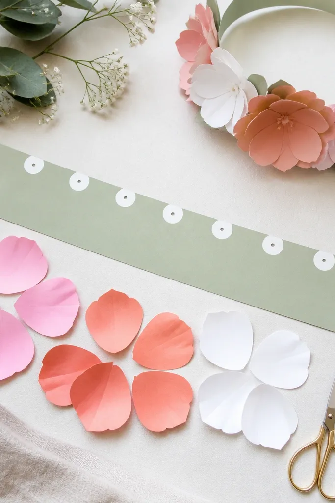 A headband template printed in a soft green strip with a row of attach points; separate flower petals in pink, coral, and white are printed nearby for cutting and gluing.