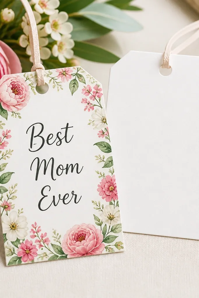 A small rectangular tag printable with a floral border; the center reads “Best Mom Ever,” and there’s a punched hole at the top with a blank back for a short message.