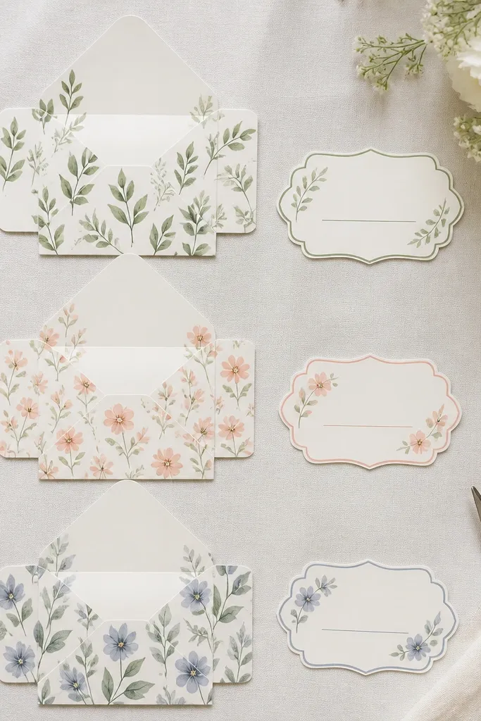 Three small envelope templates printed with leaf and flower illustrations; each envelope has a matching label shape and a blank “to Mom” line.