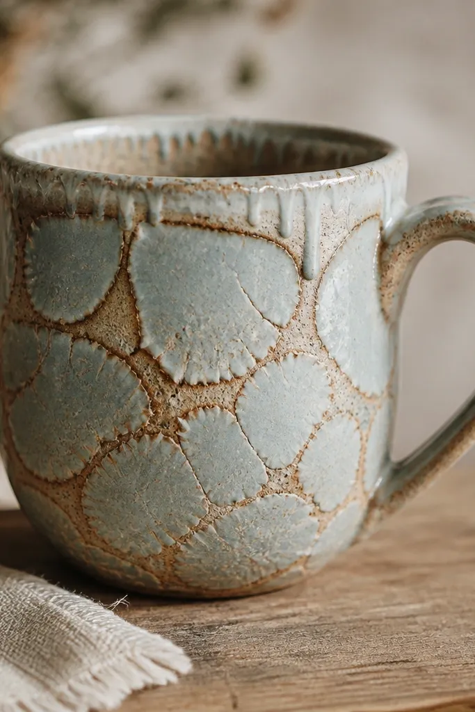 Photo of a glazed mug where the glaze pulls back into uneven islands, leaving bare clay lines and a wavy, broken surface; the rim shows thin streaks.