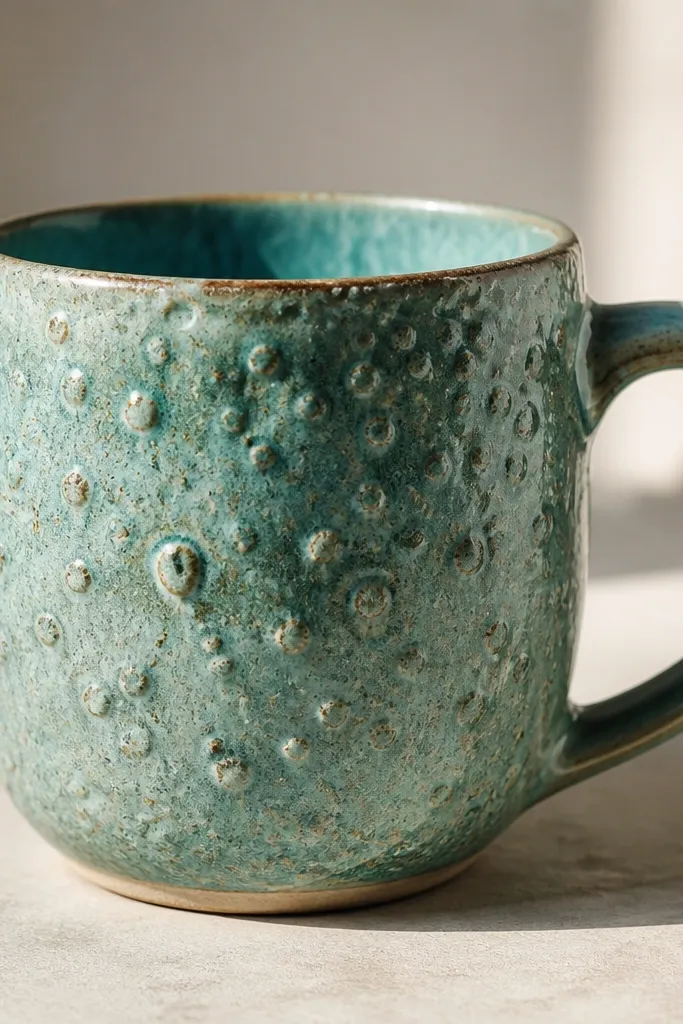 A mug photographed under bright light showing blister-like raised spots in the glaze, with some small craters and rough texture on a teal glaze body.
