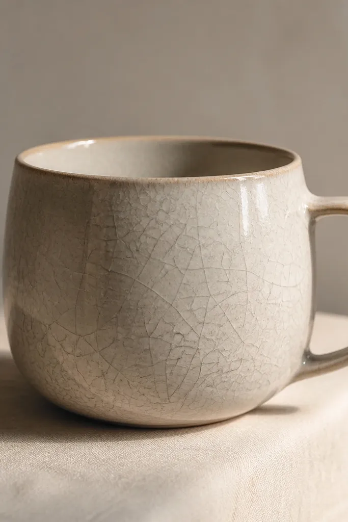 Glazed mug with fine web-like crack lines across a light glaze, especially visible on the sides under angled light; the glaze still looks intact otherwise.