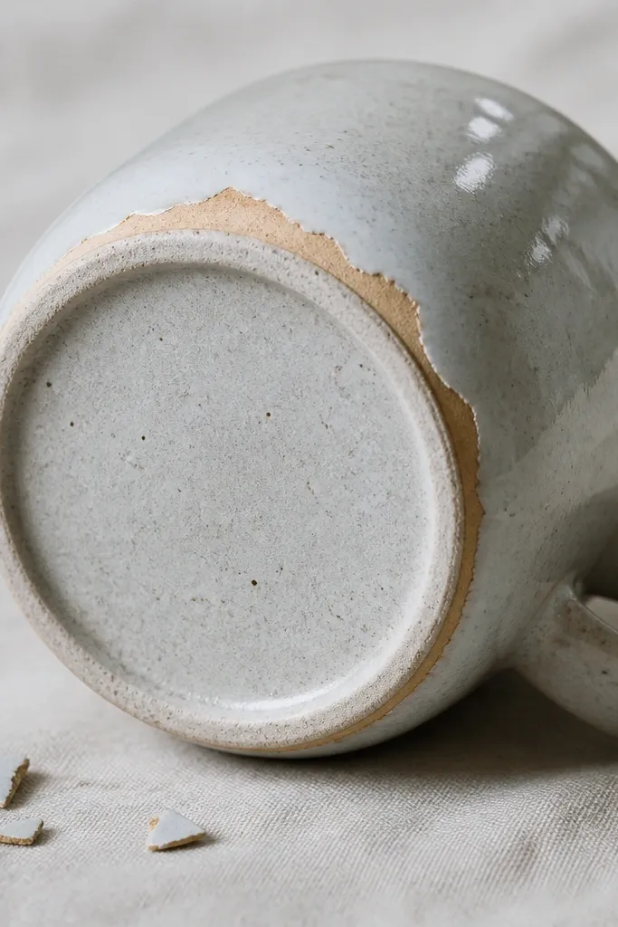 Bottom view of a mug where the glaze has chipped away near the foot ring, exposing bare clay with a clean edge; a few flakes are visible.