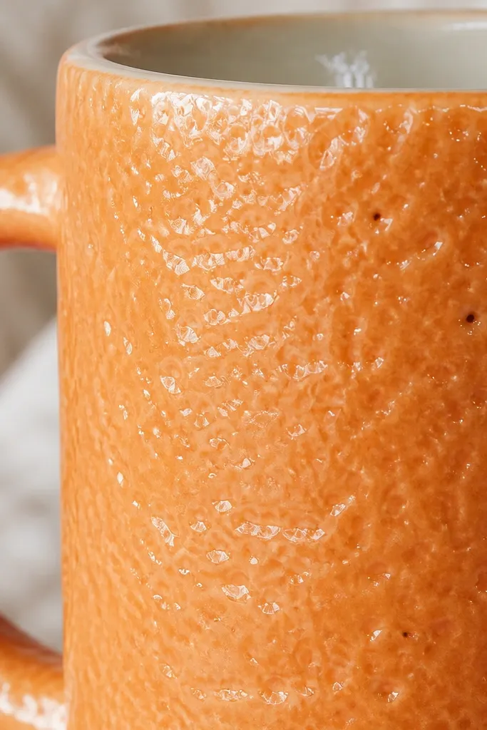 Close-up of a glazed mug showing a bumpy, dimpled surface like citrus peel; the glaze is glossy but textured with tiny irregularities.