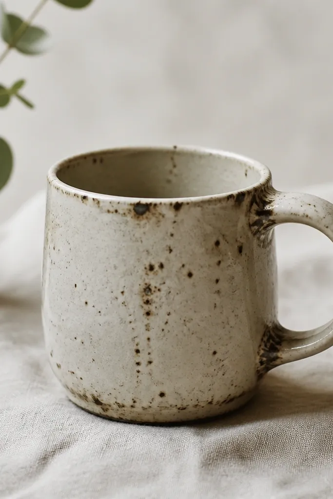 Mug with scattered dark speckles and blotchy darker patches on a light glaze, with more spots near seams and where the handle meets the body.