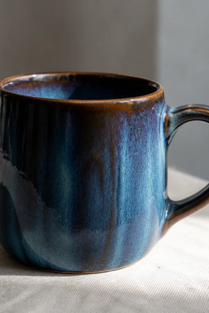 Glazed mug showing streaks and uneven color density, with lighter and darker vertical bands; fingerprints are faintly visible on the surface under glare.