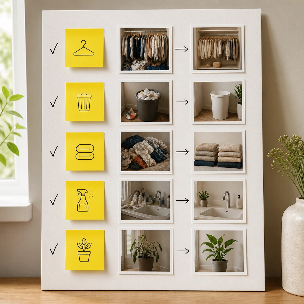 A board with bright lemon-yellow sticky-note rectangles, neat black line icons, and a series of mini “before/after” style photo frames (no brand logos). The layout is structured like a checklist.