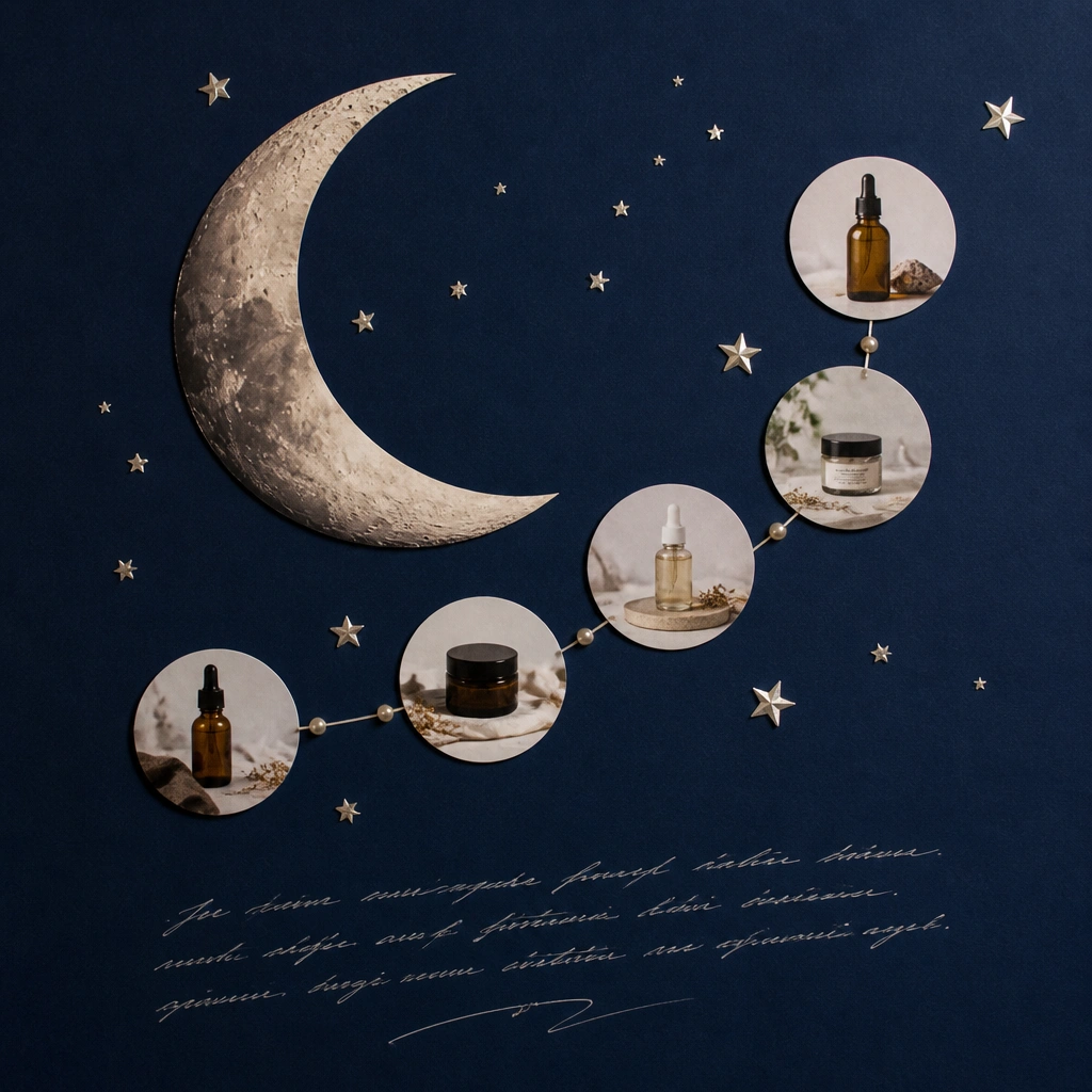 A dark navy background with scattered star stickers, a large crescent moon photo cut-out, and small circular product photos arranged like a timeline. The bottom has a few handwritten lines in pale silver ink.