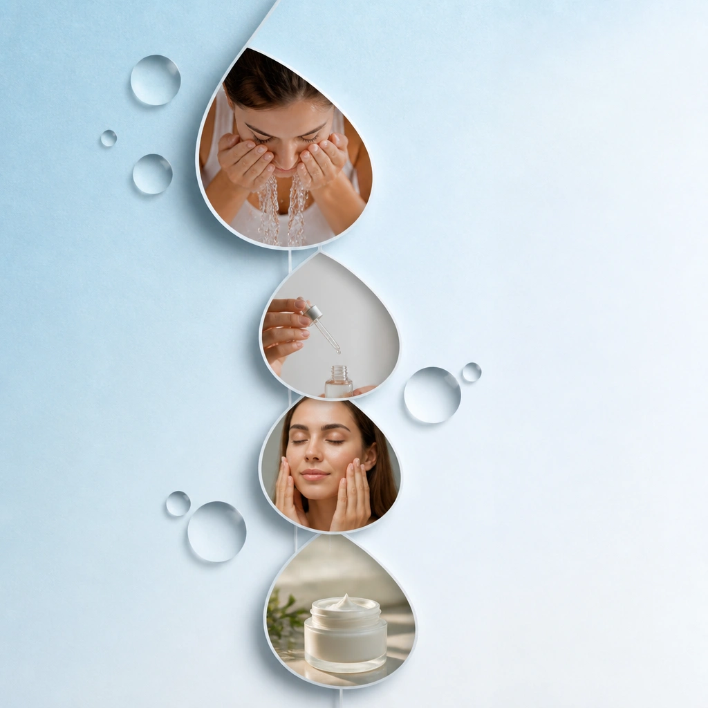 A gradient paper background from light blue to white with layered droplet cutouts. Product photos are stacked vertically like a waterfall, with thin white lines connecting each step.