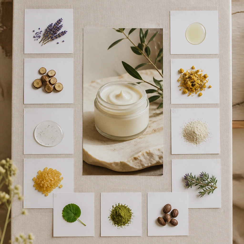 A board that looks like a mini ingredient catalog: small printed ingredient names, clear tape frames around each card, and a central photo of a skincare jar. The cards are aligned in neat columns.