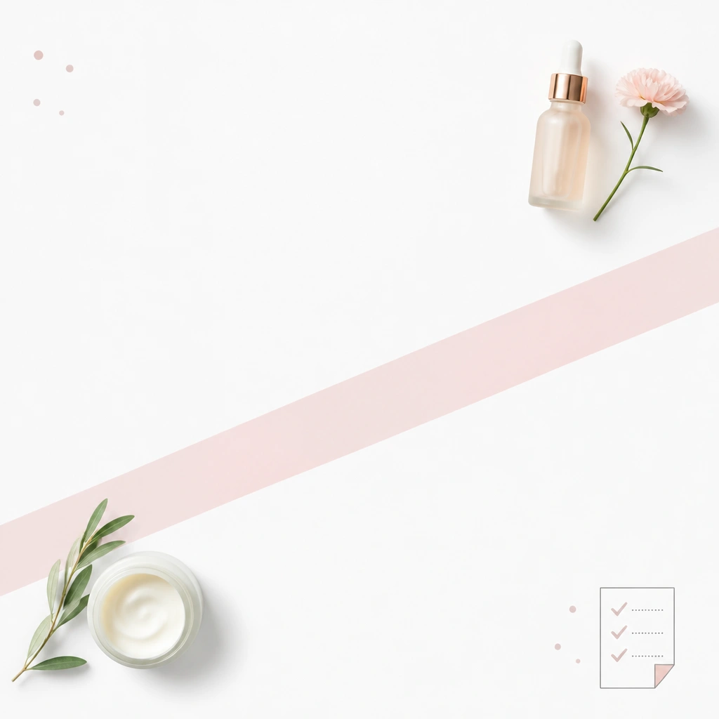 A mostly blank white board with a single soft pink accent strip running diagonally. Only a few product photos appear, each with lots of breathing room, plus tiny dots and a small checklist icon in the corner.