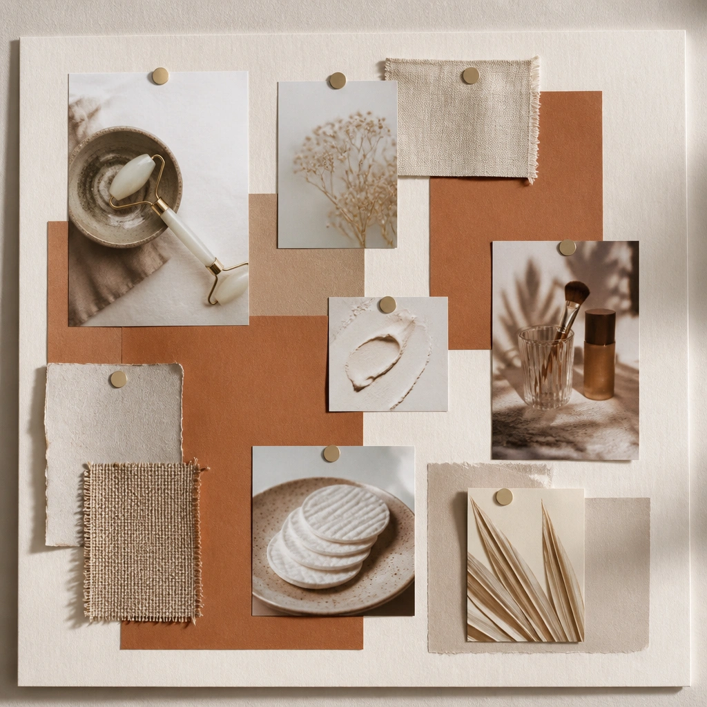 A board with faux linen-texture paper, warm terracotta blocks, and small cut-out images of skincare tools like a jade roller and cotton pads. There’s a handwritten “self-care day” date in the corner.