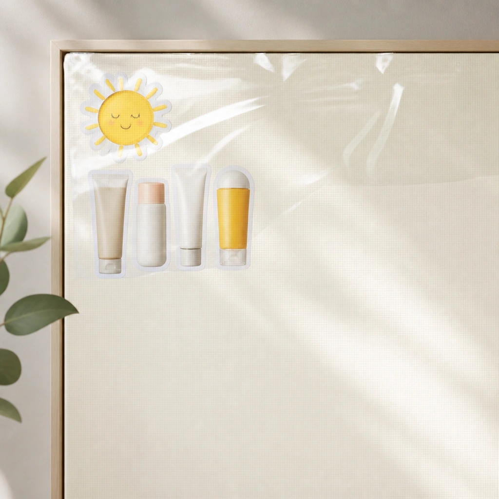 A corner of the board filled with a sun icon sticker, a small row of sunscreen product photos, and a glossy clear film overlay effect across the top. The rest of the board is lighter and uncluttered.