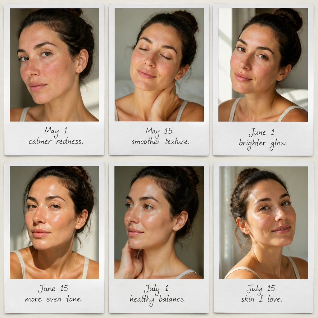 A storyboard grid of Polaroid-style frames with soft lighting. Each frame has a date label at the bottom and a handwritten goal like “calmer redness” or “brighter glow.”