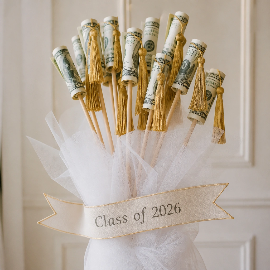 A bouquet made from several wooden dowels topped with gold tassels, each tassel holding a rolled bill like a ribbon, wrapped together with sheer white tulle and a “Class of 2026” banner.