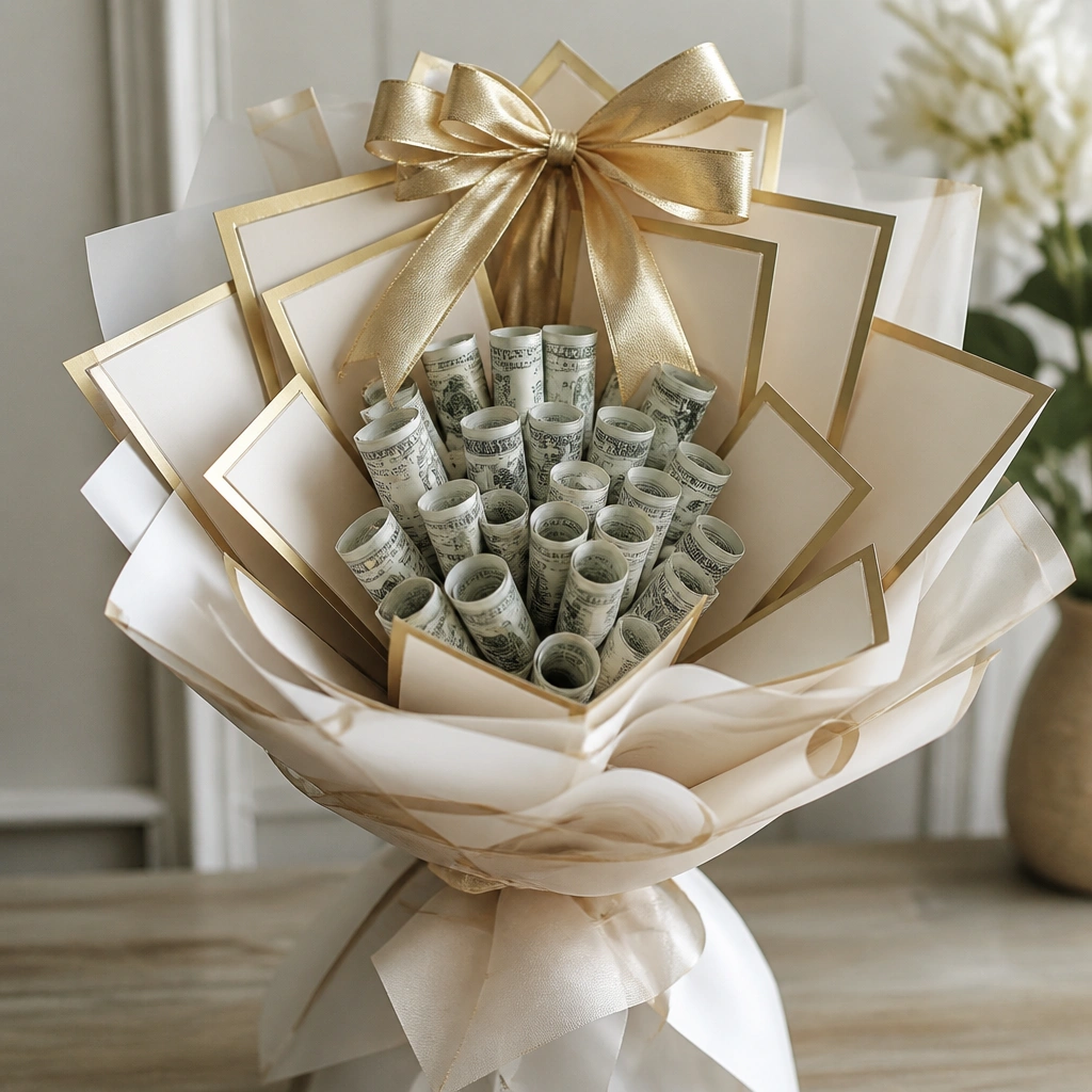 A cluster bouquet where small rectangular “diploma” frames (cardstock with gold borders) surround a central bouquet of rolled bills, with a gold ribbon bow at the top.